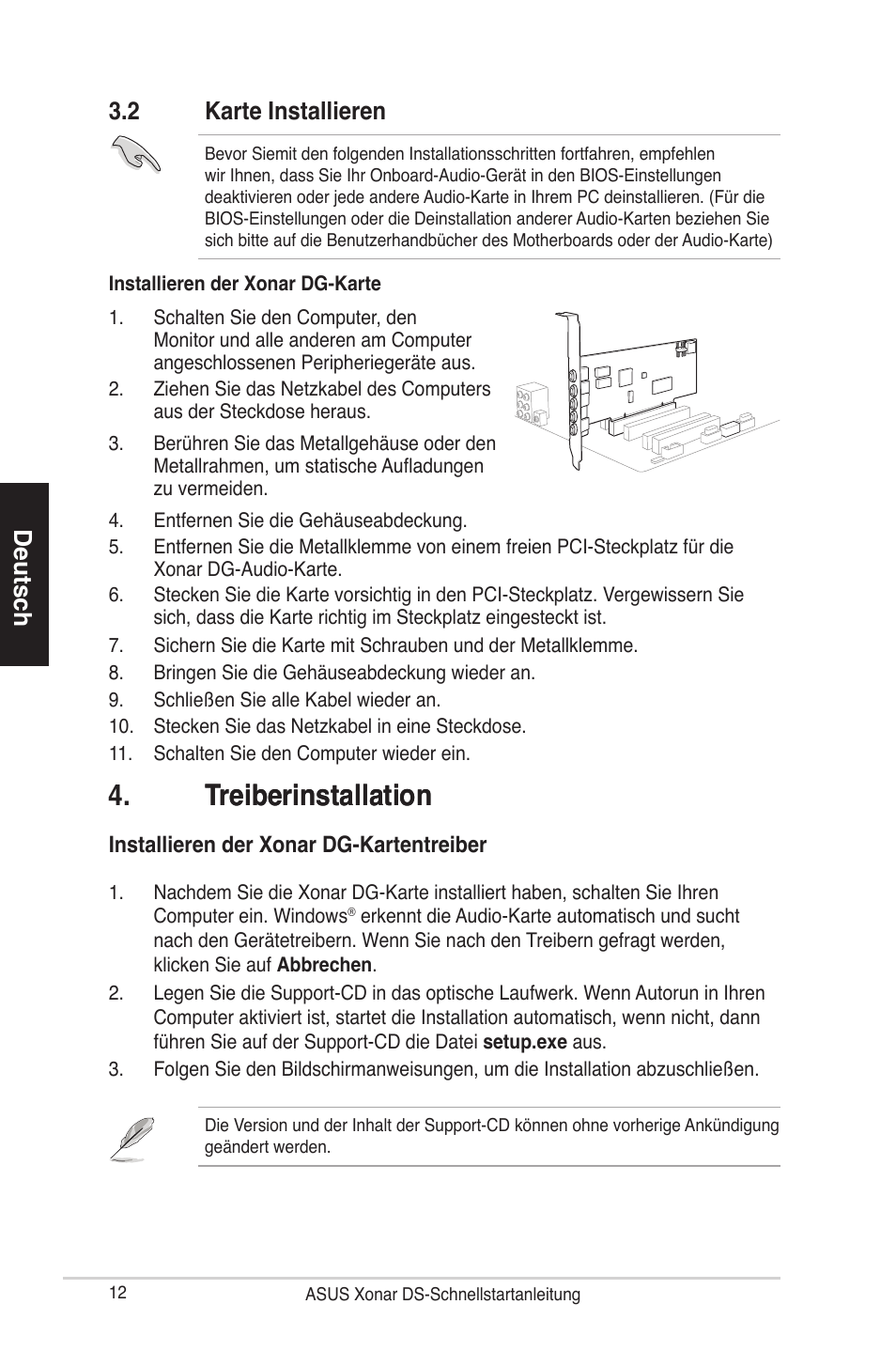 �reiberinstallation �reiberinstallation, Deutsch, 2 karte installieren | Asus Xonar DG User Manual | Page 12 / 28