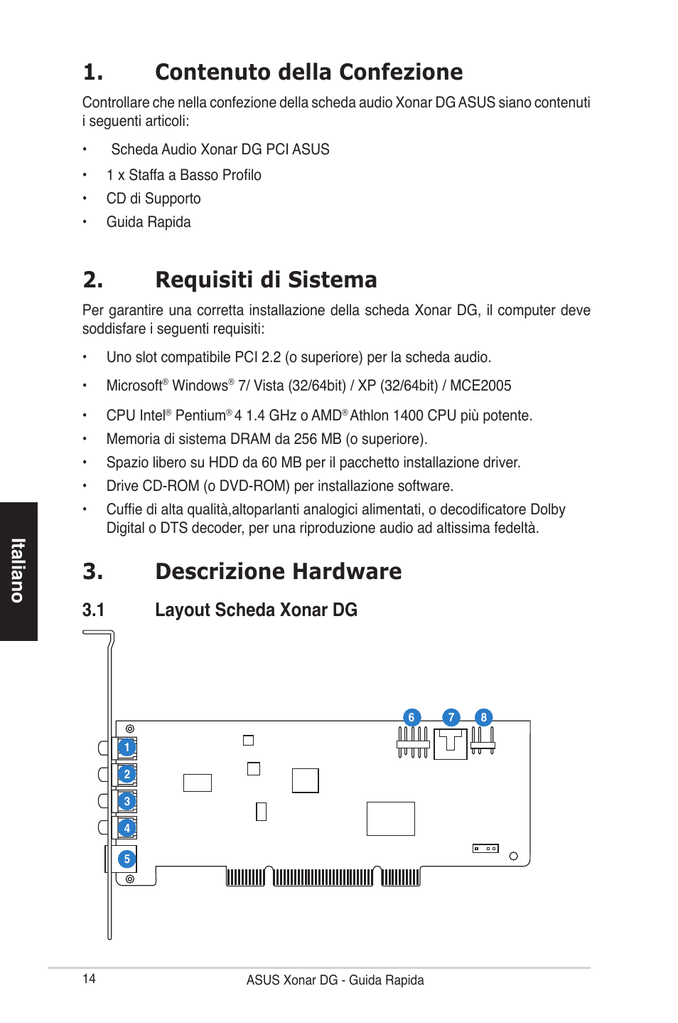 Contenuto della confezione, Requisiti di sistema, Descrizione hardware | Italiano, 1 layout scheda xonar dg | Asus Xonar DG User Manual | Page 14 / 28