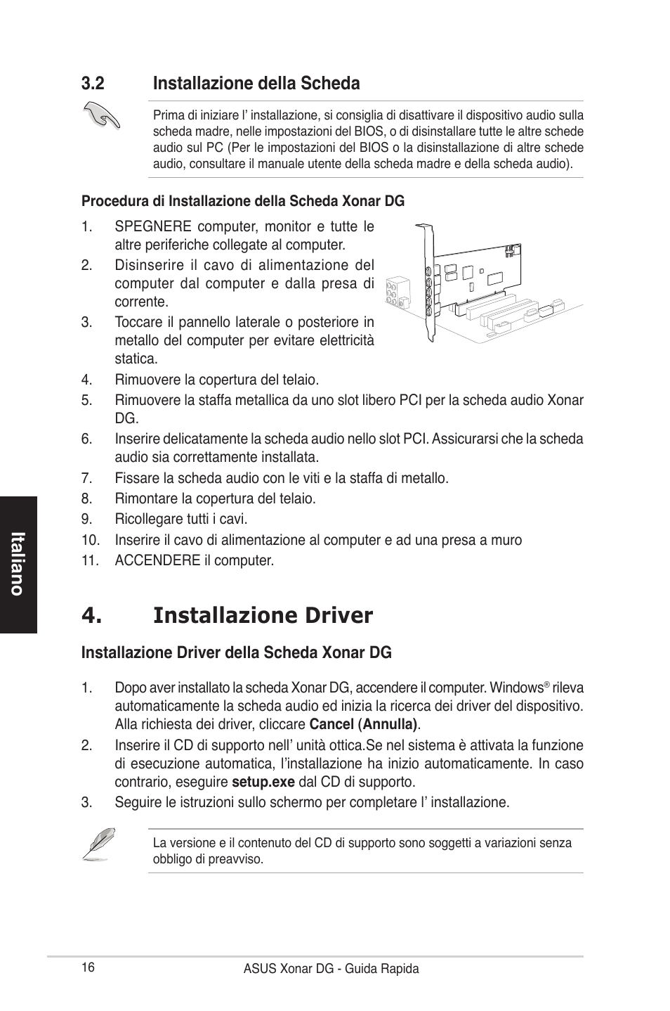 Installazione driver, Italiano, 2 installazione della scheda | Asus Xonar DG User Manual | Page 16 / 28