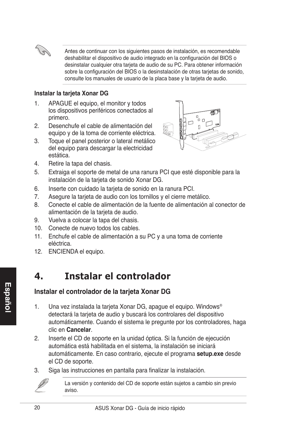 Instalar el controlador, Español, Instalar el controlador de la tarjeta xonar dg | Asus Xonar DG User Manual | Page 20 / 28