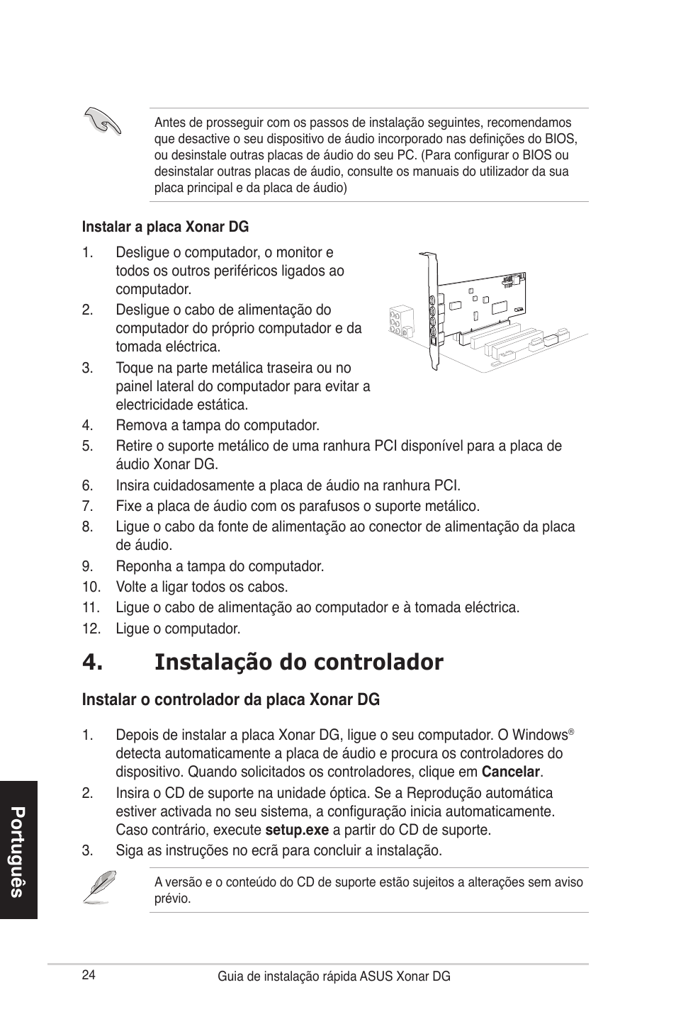 Instalação do controlador, Português, Instalar o controlador da placa xonar dg | Asus Xonar DG User Manual | Page 24 / 28