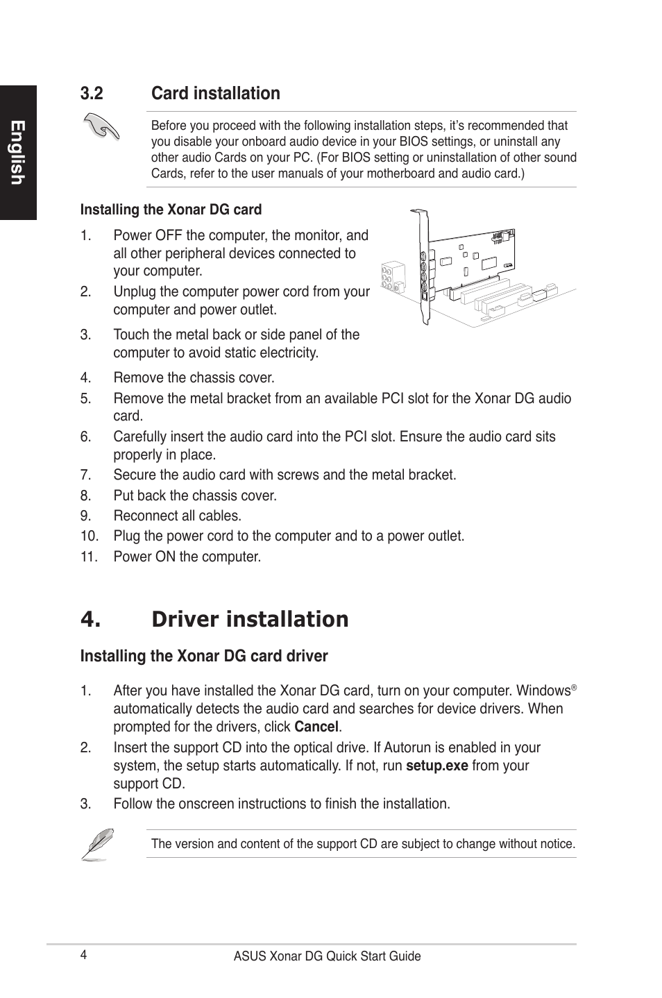 Driver installation, English 3.2 card installation | Asus Xonar DG User Manual | Page 4 / 28