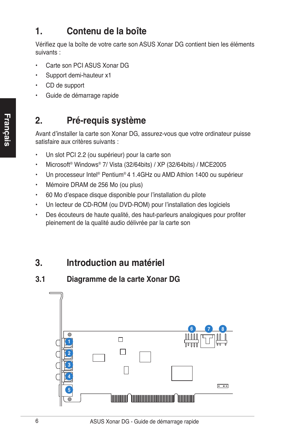 Contenu de la boîte, Pré-requis système, Introduction au matériel | Français, 1 diagramme de la carte xonar dg | Asus Xonar DG User Manual | Page 6 / 28