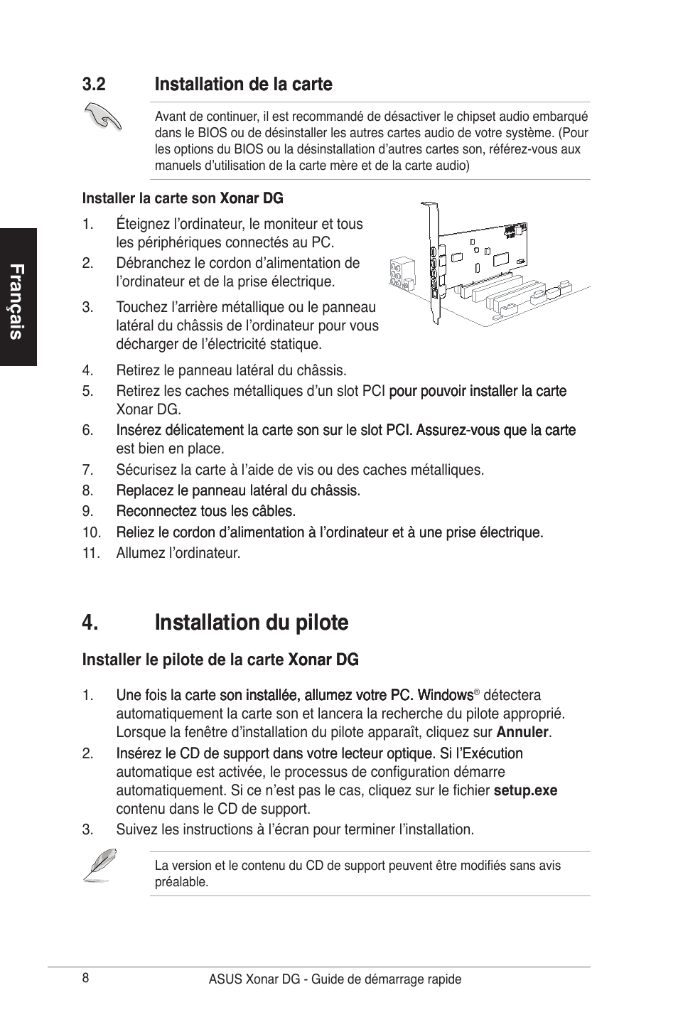 Installation du pilote installation du pilote | Asus Xonar DG User Manual | Page 8 / 28