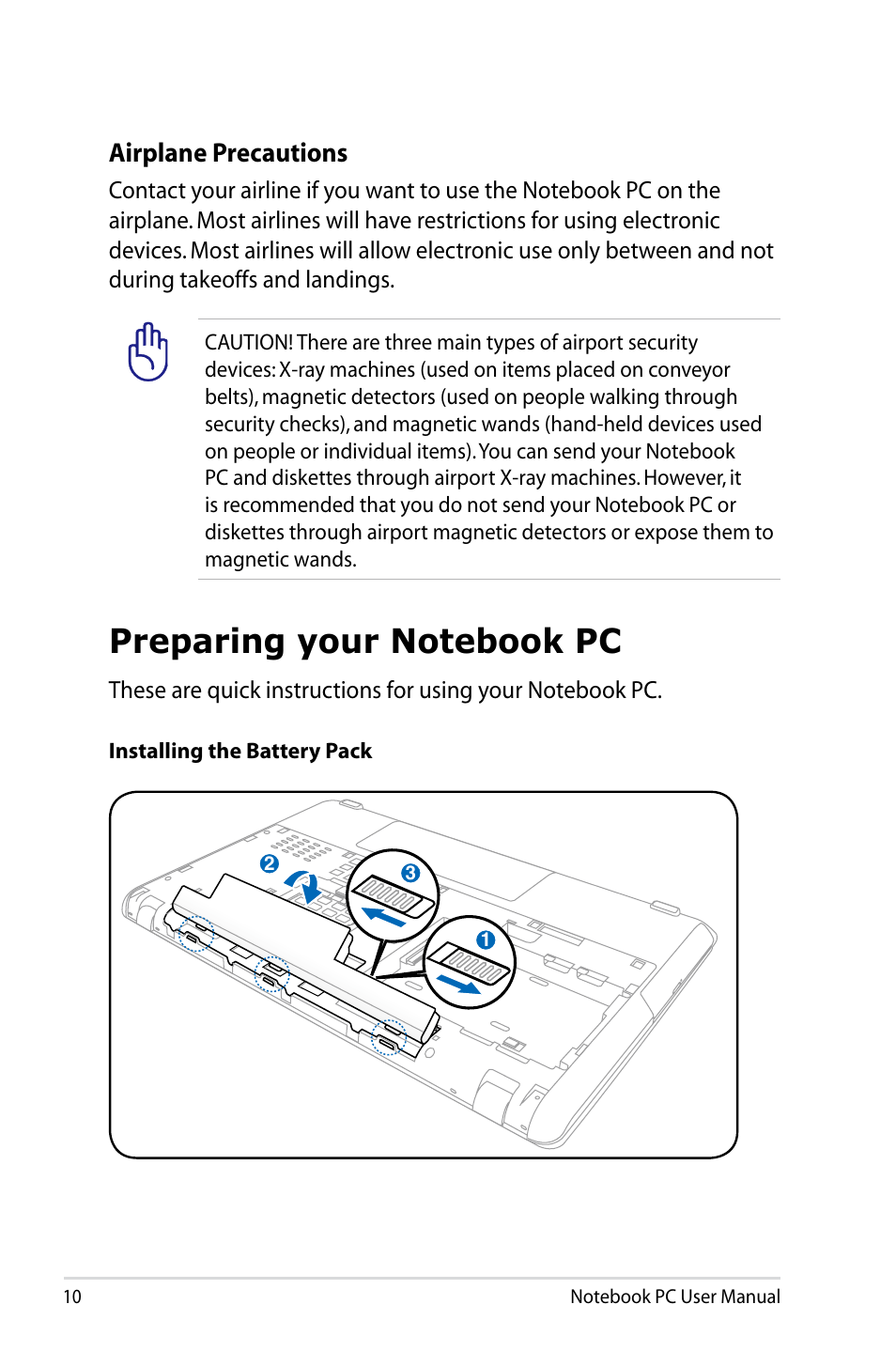 Preparing your notebook pc, Airplane precautions | Asus X93SM User Manual | Page 10 / 120