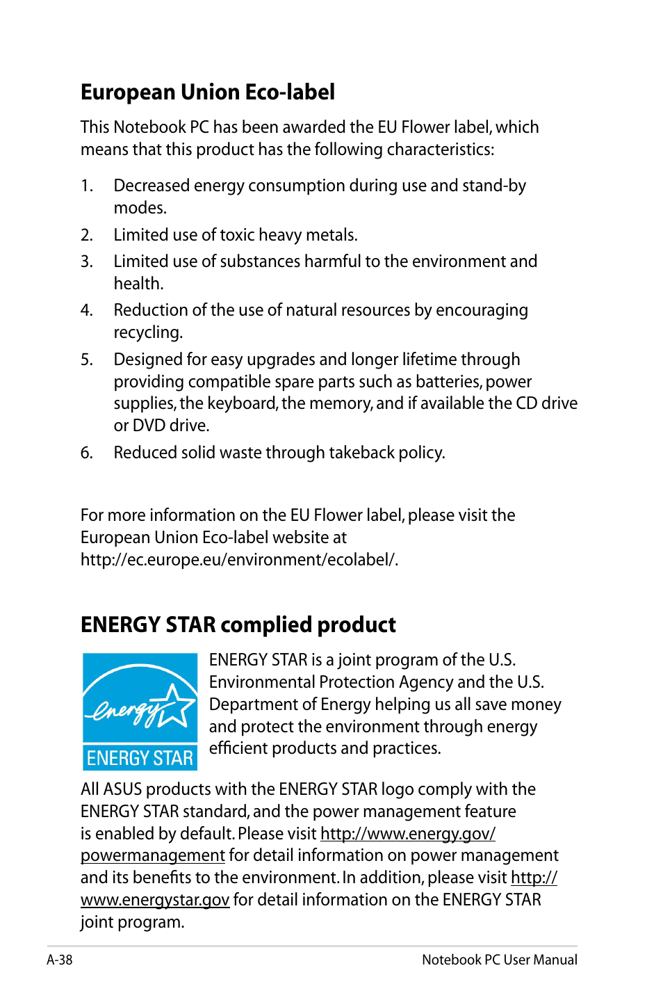 European union eco-label, Energy star complied product | Asus X93SM User Manual | Page 116 / 120