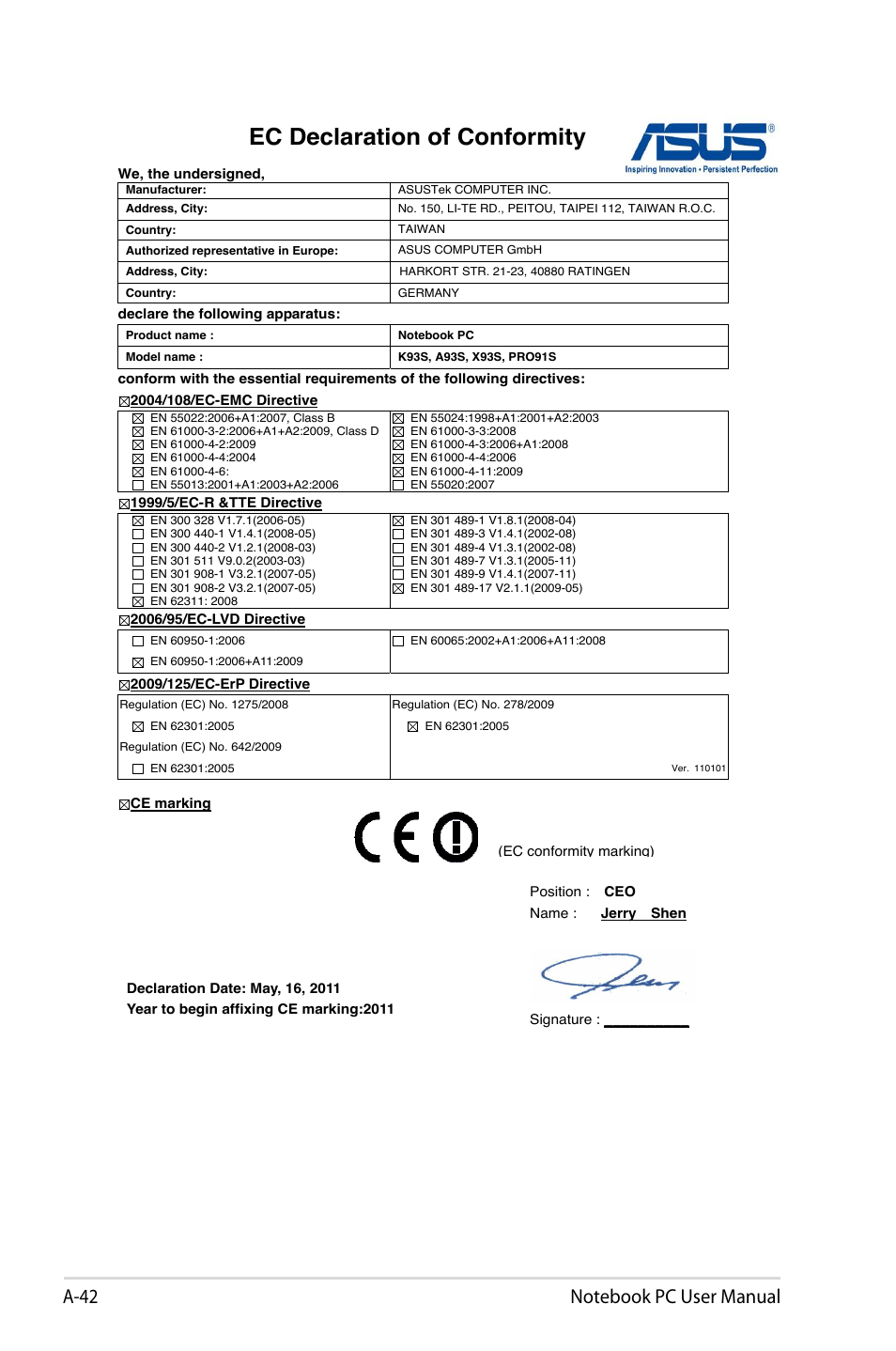 Ec declaration of conformity | Asus X93SM User Manual | Page 120 / 120
