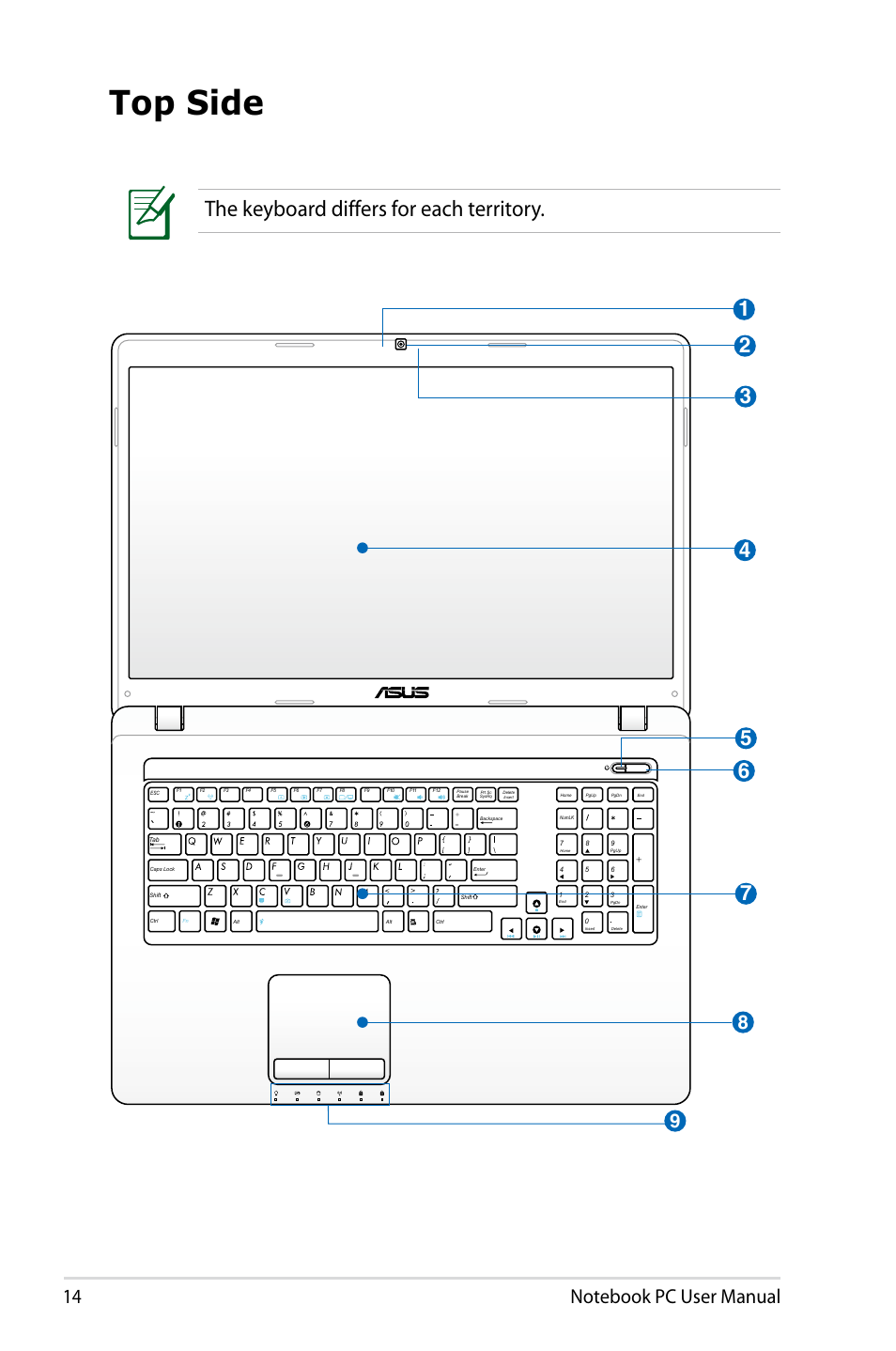 Top side, The keyboard differs for each territory | Asus X93SM User Manual | Page 14 / 120