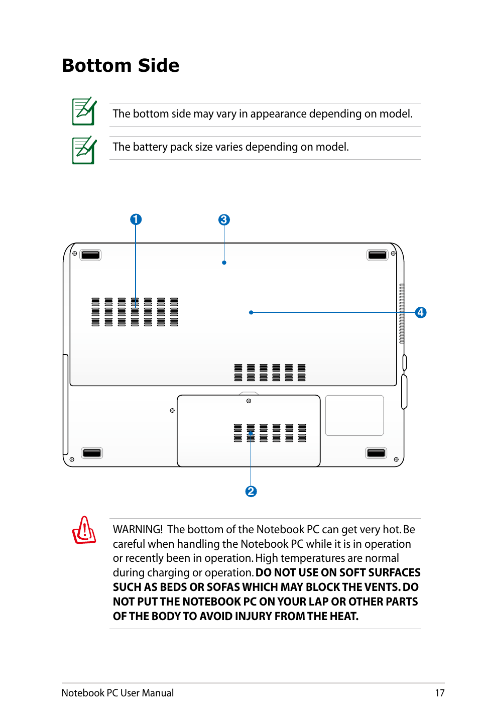 Bottom side | Asus X93SM User Manual | Page 17 / 120