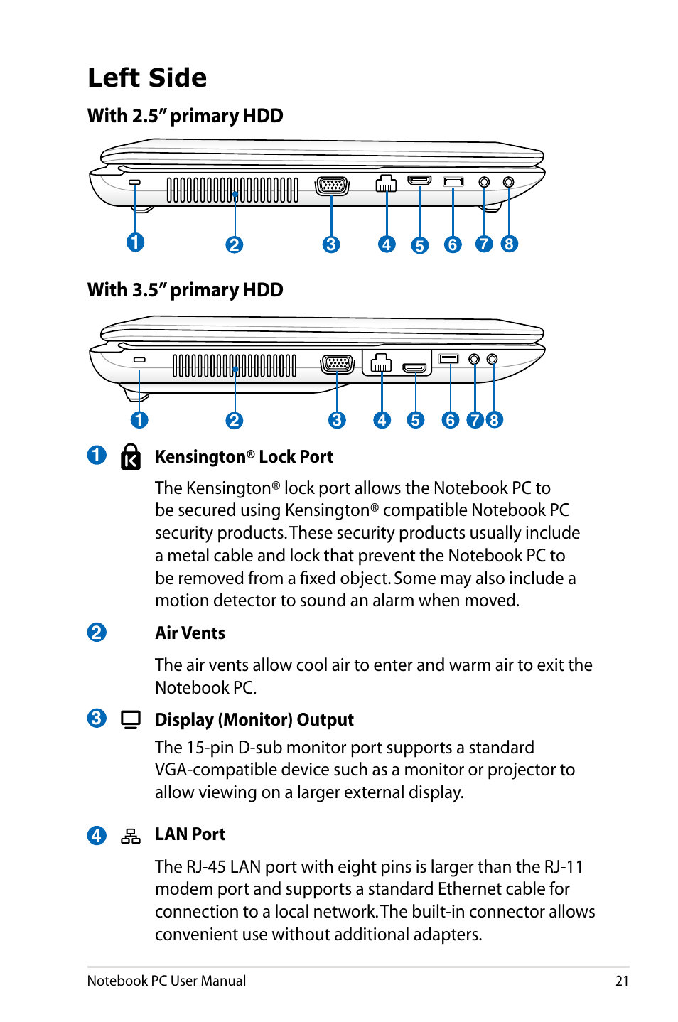 Left side | Asus X93SM User Manual | Page 21 / 120