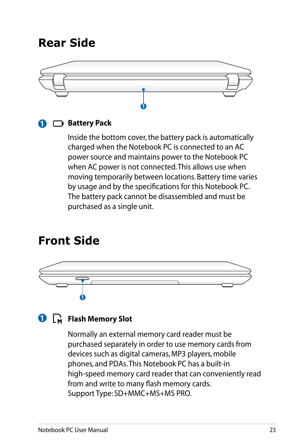 Rear side, Front side, Rear side front side | Asus X93SM User Manual | Page 23 / 120