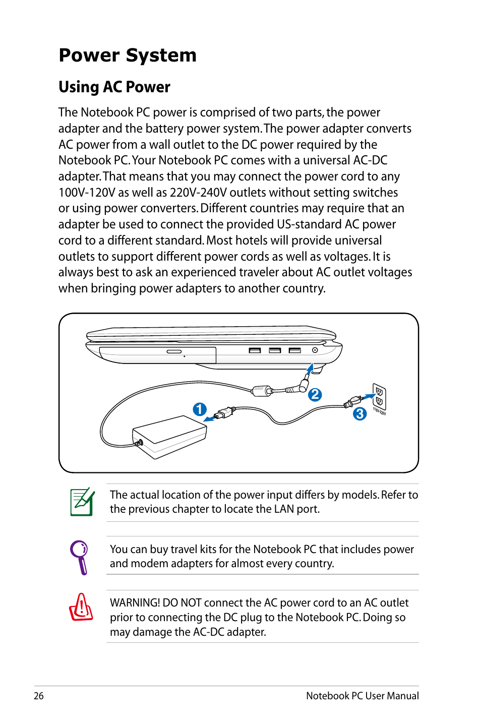 Power system, Using ac power | Asus X93SM User Manual | Page 26 / 120