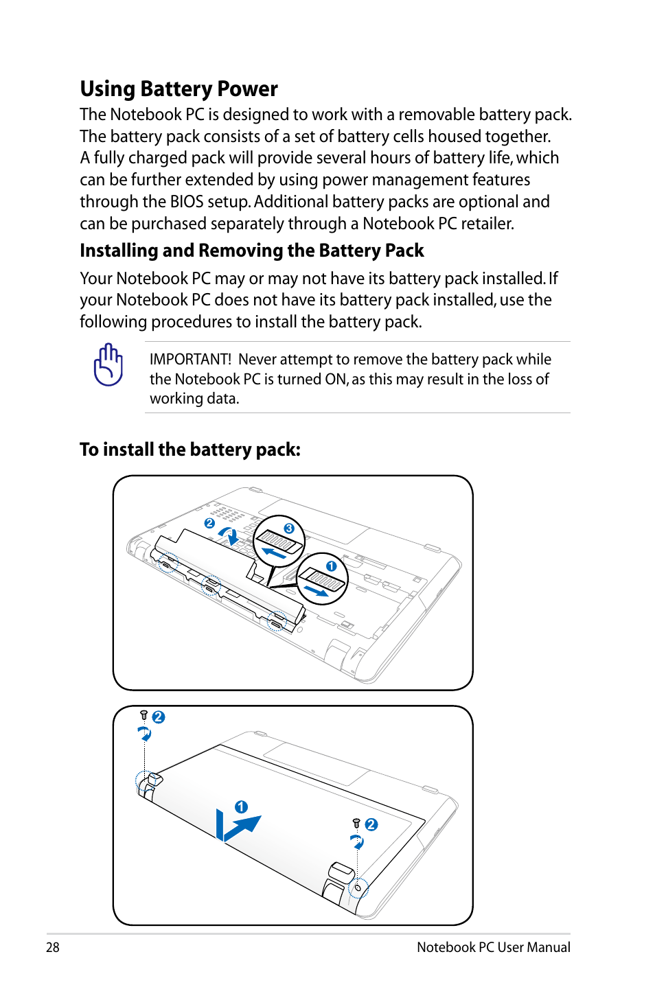 Using battery power, Installing and removing the battery pack | Asus X93SM User Manual | Page 28 / 120