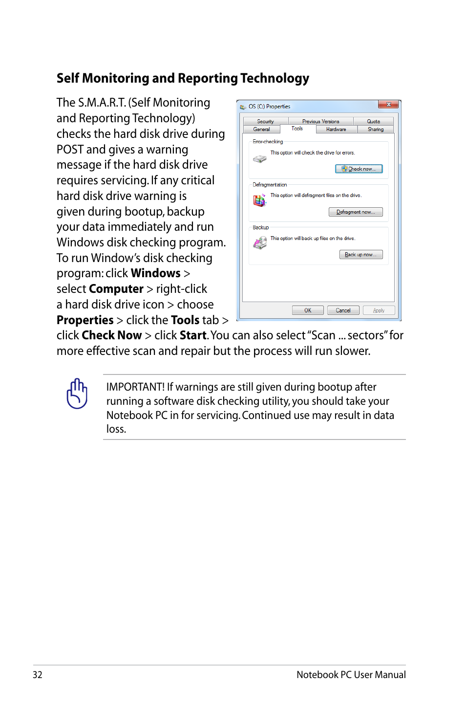 Self monitoring and reporting technology | Asus X93SM User Manual | Page 32 / 120