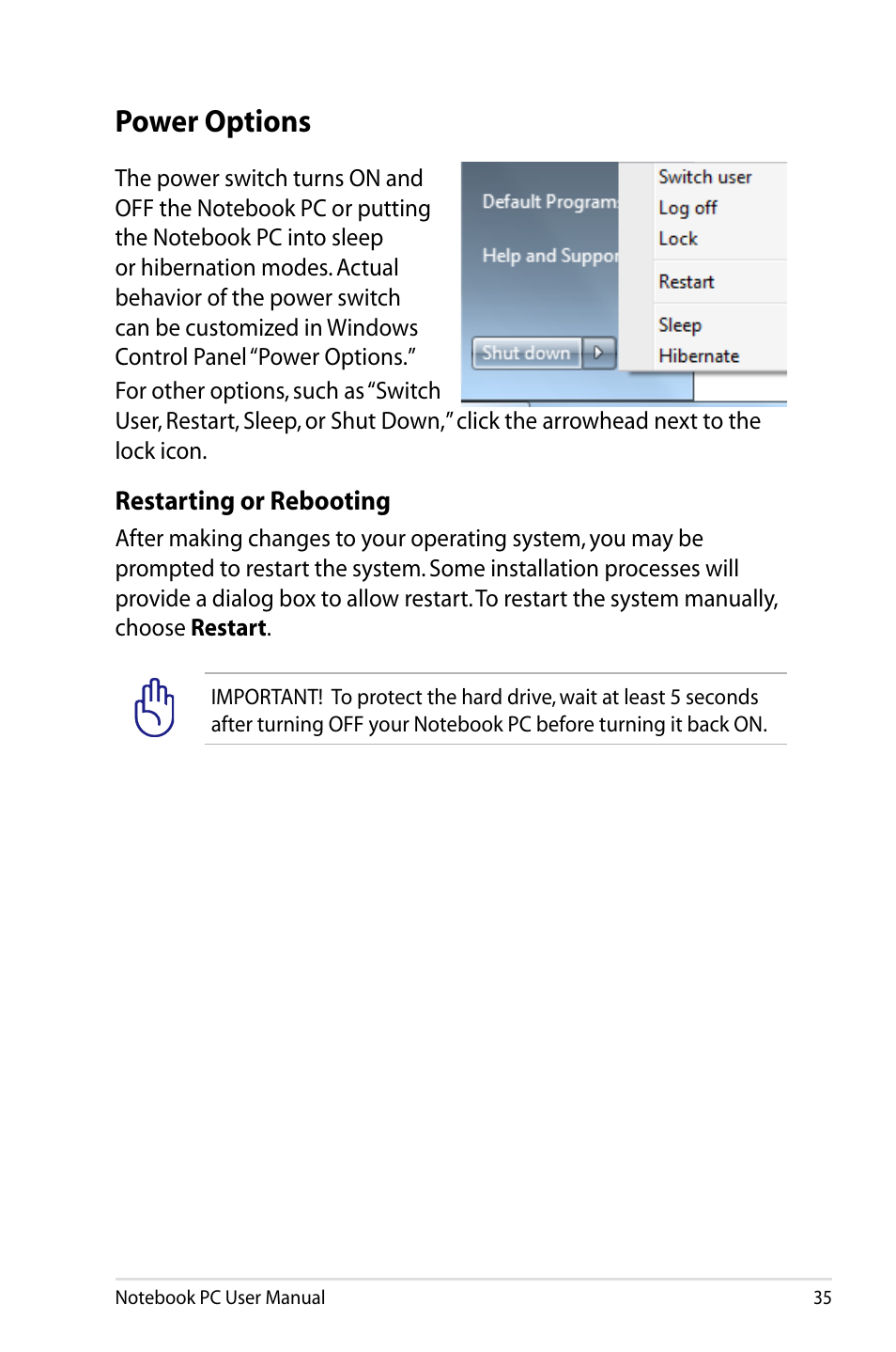 Power options | Asus X93SM User Manual | Page 35 / 120