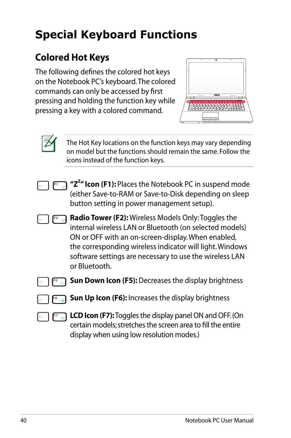 Special keyboard functions, Colored hot keys | Asus X93SM User Manual | Page 40 / 120