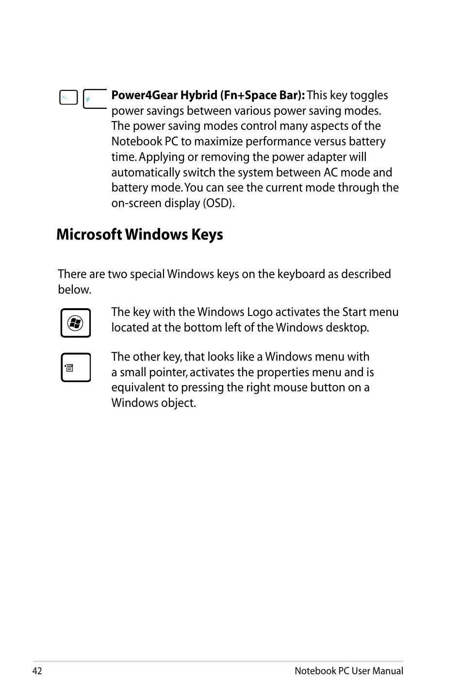 Microsoft windows keys | Asus X93SM User Manual | Page 42 / 120