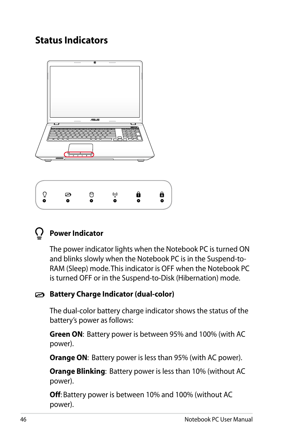 Status indicators | Asus X93SM User Manual | Page 46 / 120