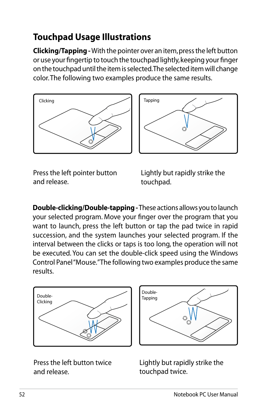 Touchpad usage illustrations | Asus X93SM User Manual | Page 52 / 120