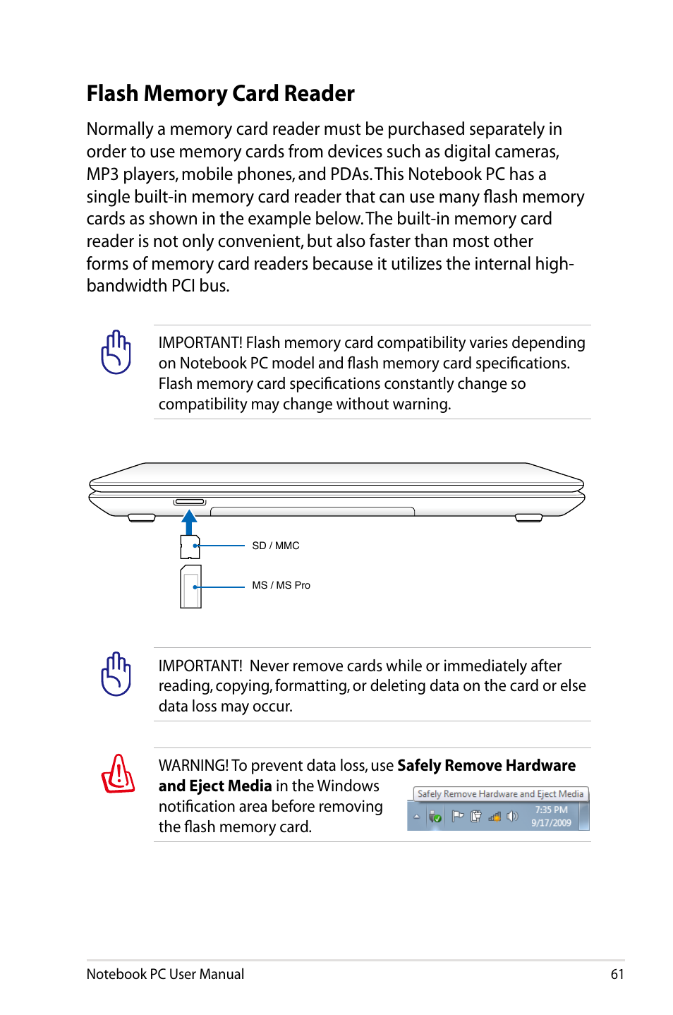 Flash memory card reader | Asus X93SM User Manual | Page 61 / 120