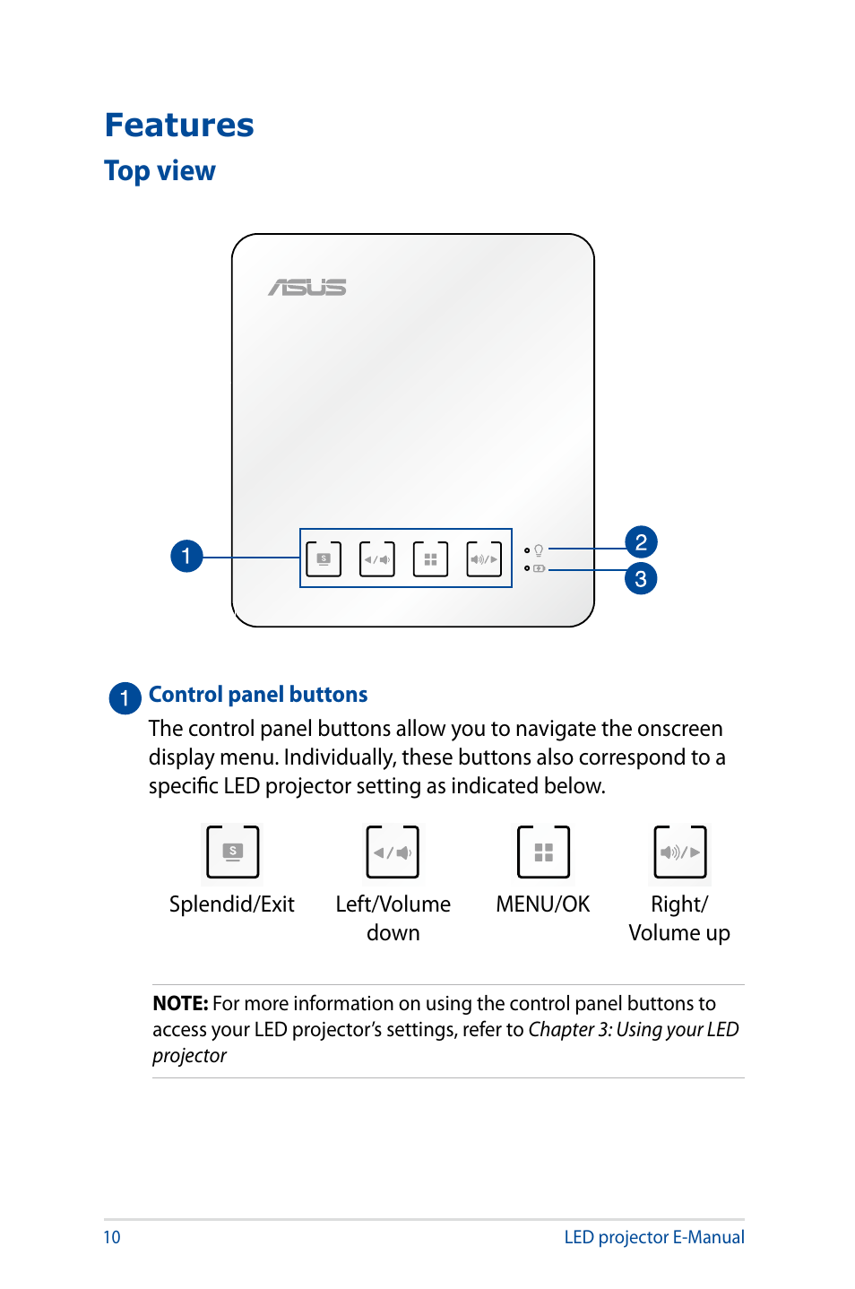 Features, Top view | Asus S1 User Manual | Page 10 / 46