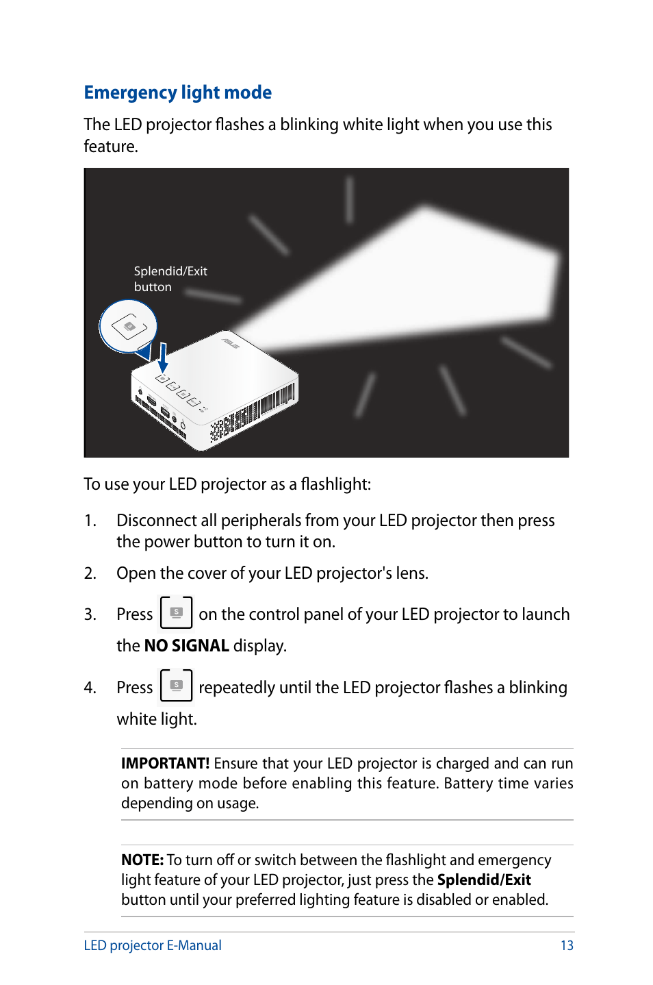 Emergency light mode | Asus S1 User Manual | Page 13 / 46