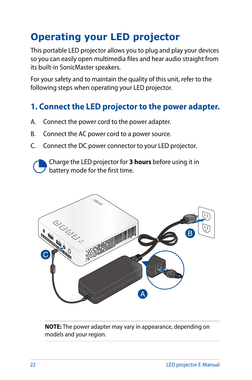 Operating your led projector, Connect the led projector to the power adapter | Asus S1 User Manual | Page 22 / 46