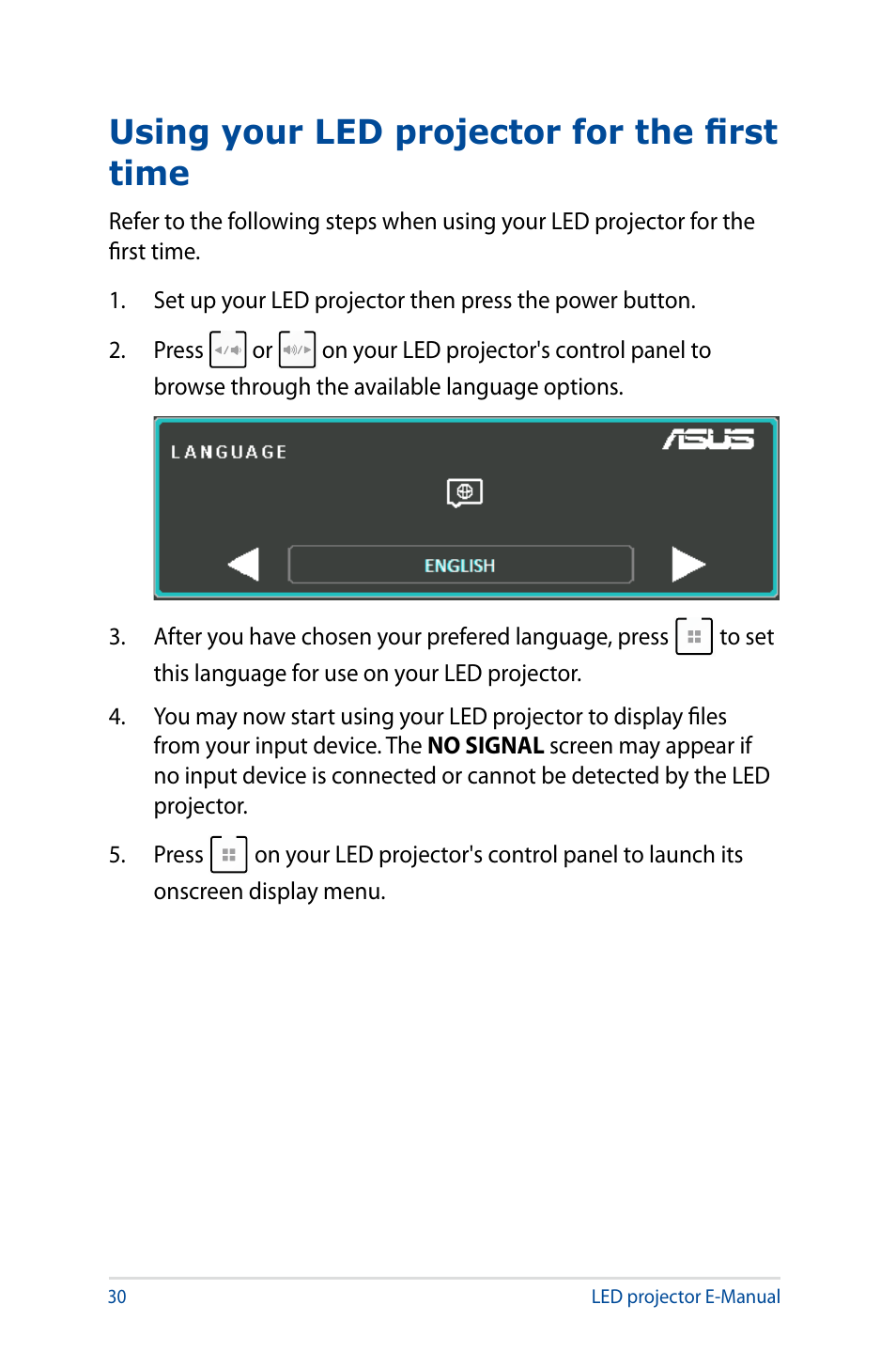Using your led projector for the first time | Asus S1 User Manual | Page 30 / 46