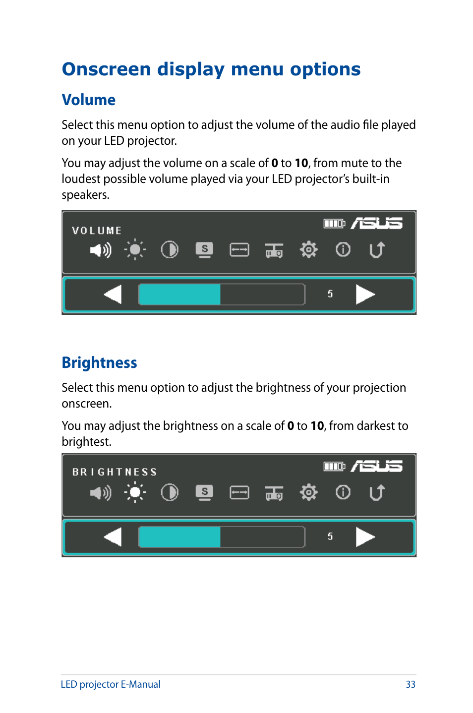 Onscreen display menu options, Volume, Brightness | Volume brightness | Asus S1 User Manual | Page 33 / 46