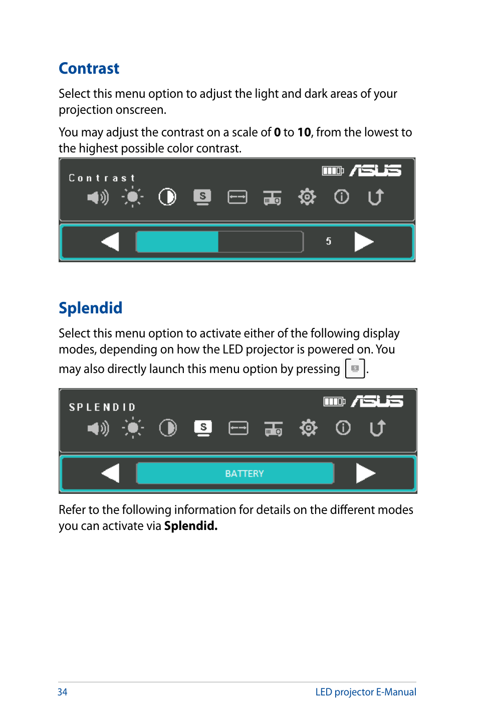 Contrast, Splendid, Contrast splendid | Asus S1 User Manual | Page 34 / 46