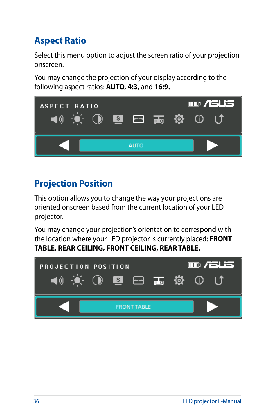 Aspect ratio, Projection position, Aspect ratio projection position | Asus S1 User Manual | Page 36 / 46