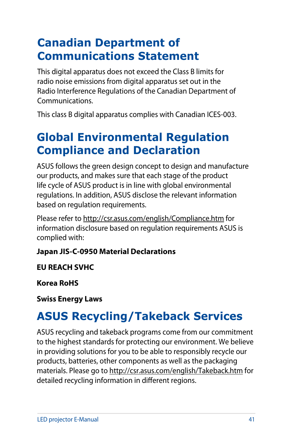 Canadian department of communications statement, Asus recycling/takeback services | Asus S1 User Manual | Page 41 / 46