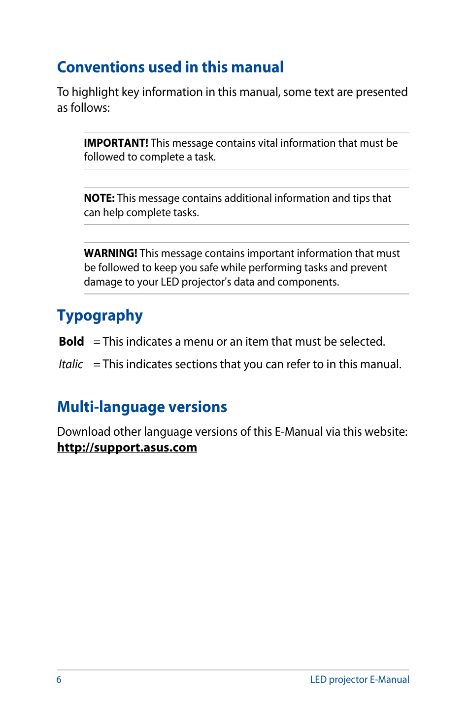 Conventions used in this manual, Typography, Multi-language versions | Asus S1 User Manual | Page 6 / 46