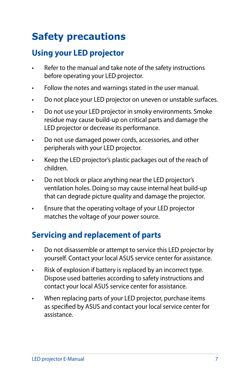 Safety precautions, Using your led projector, Servicing and replacement of parts | Asus S1 User Manual | Page 7 / 46