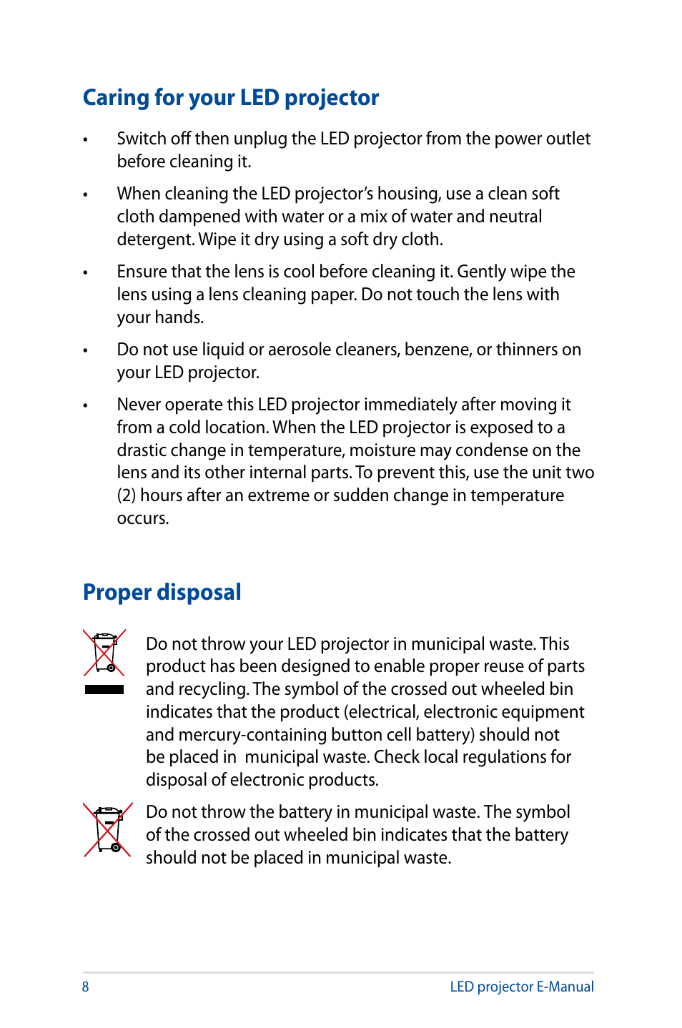 Caring for your led projector, Proper disposal, Caring for your led projector proper disposal | Asus S1 User Manual | Page 8 / 46