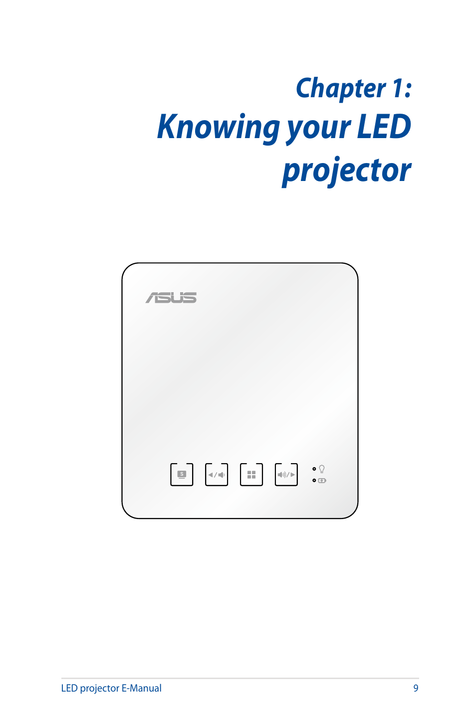 Chapter 1: knowing your led projector, Knowing your led projector, Chapter 1: knowing your led projector chapter 1 | Asus S1 User Manual | Page 9 / 46
