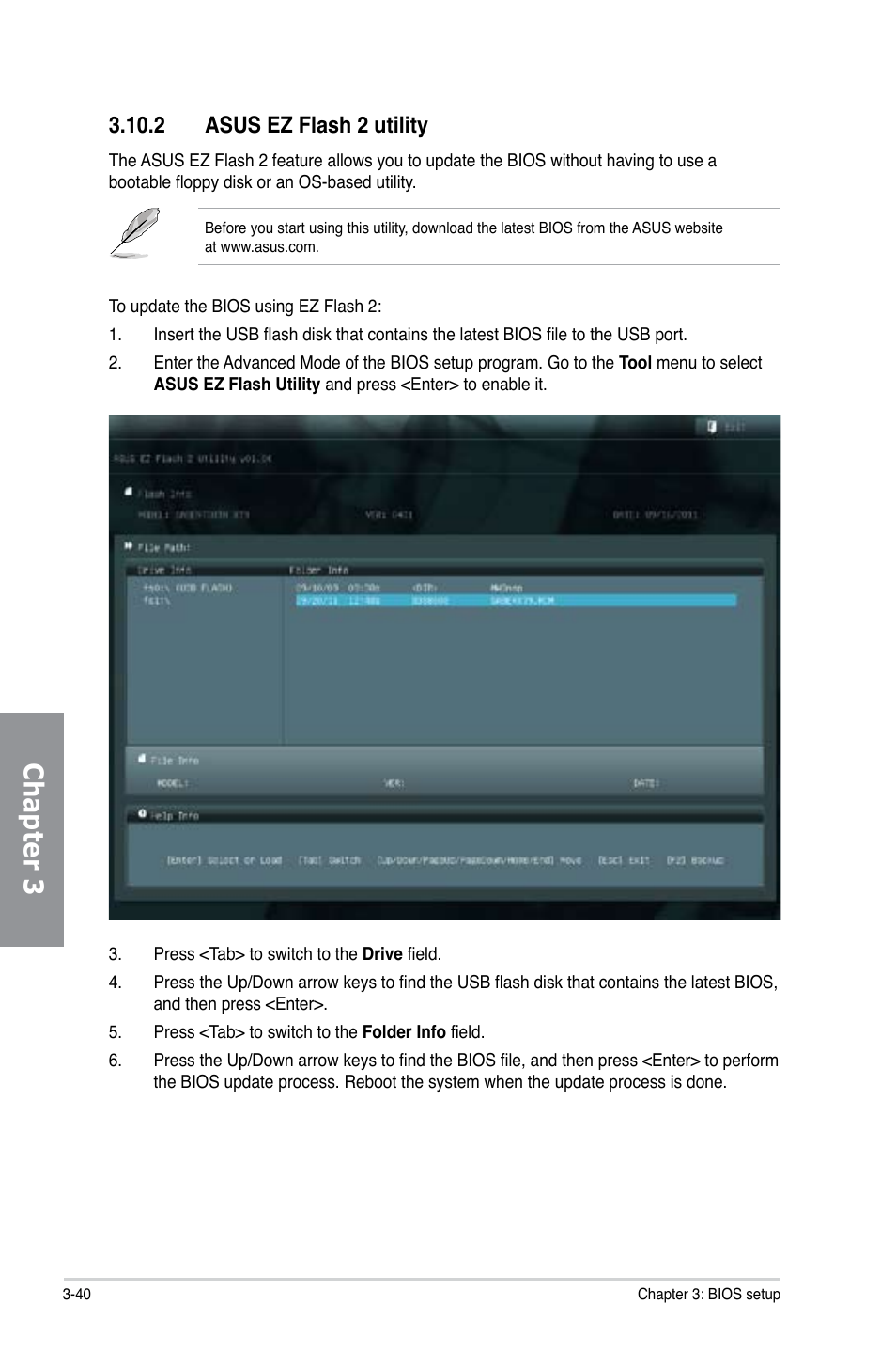 2 asus ez flash 2 utility, Asus ez flash 2 utility -40, Chapter 3 | Asus SABERTOOTH X79 User Manual | Page 102 / 148