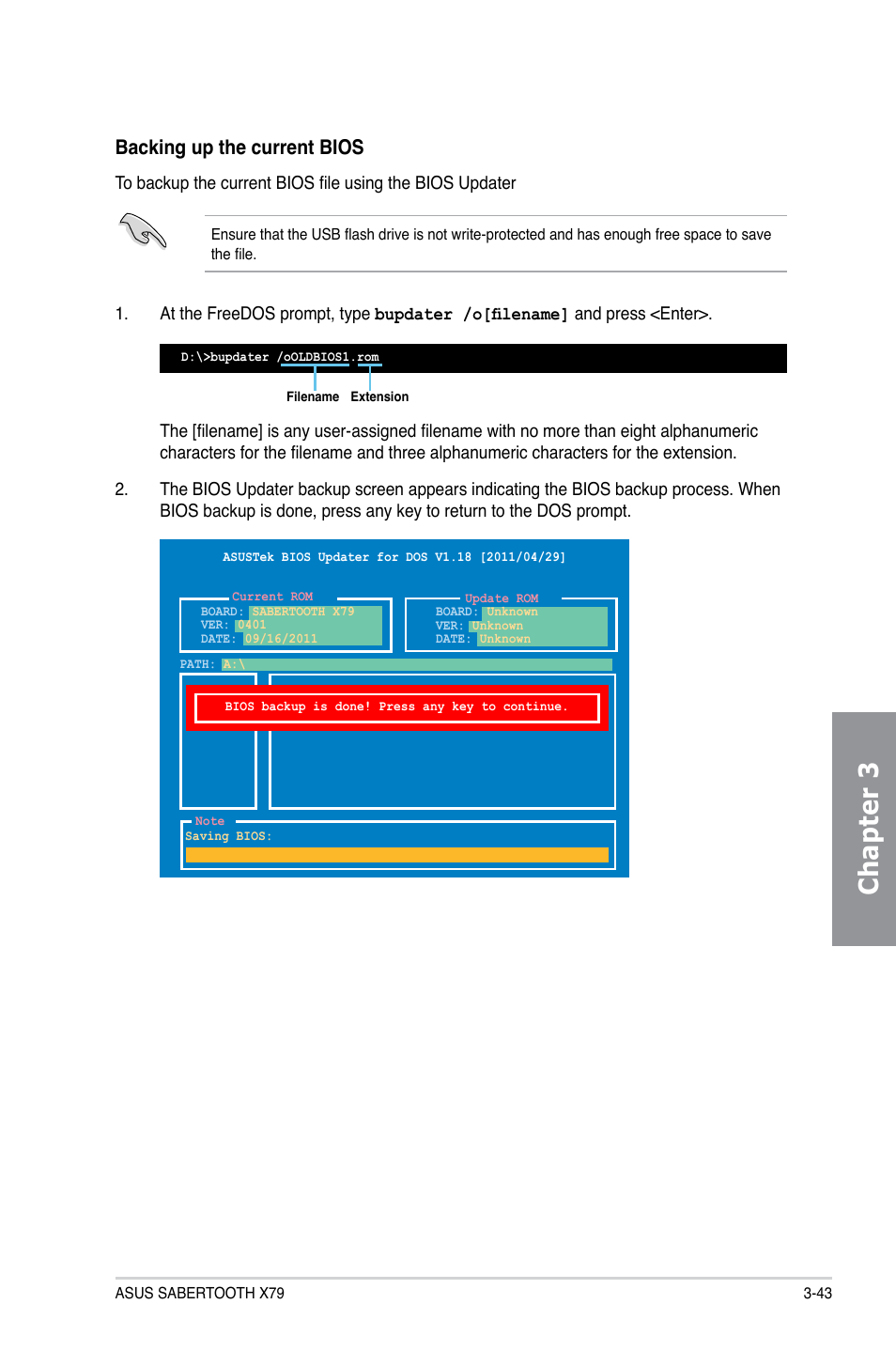 Chapter 3, Backing up the current bios | Asus SABERTOOTH X79 User Manual | Page 105 / 148