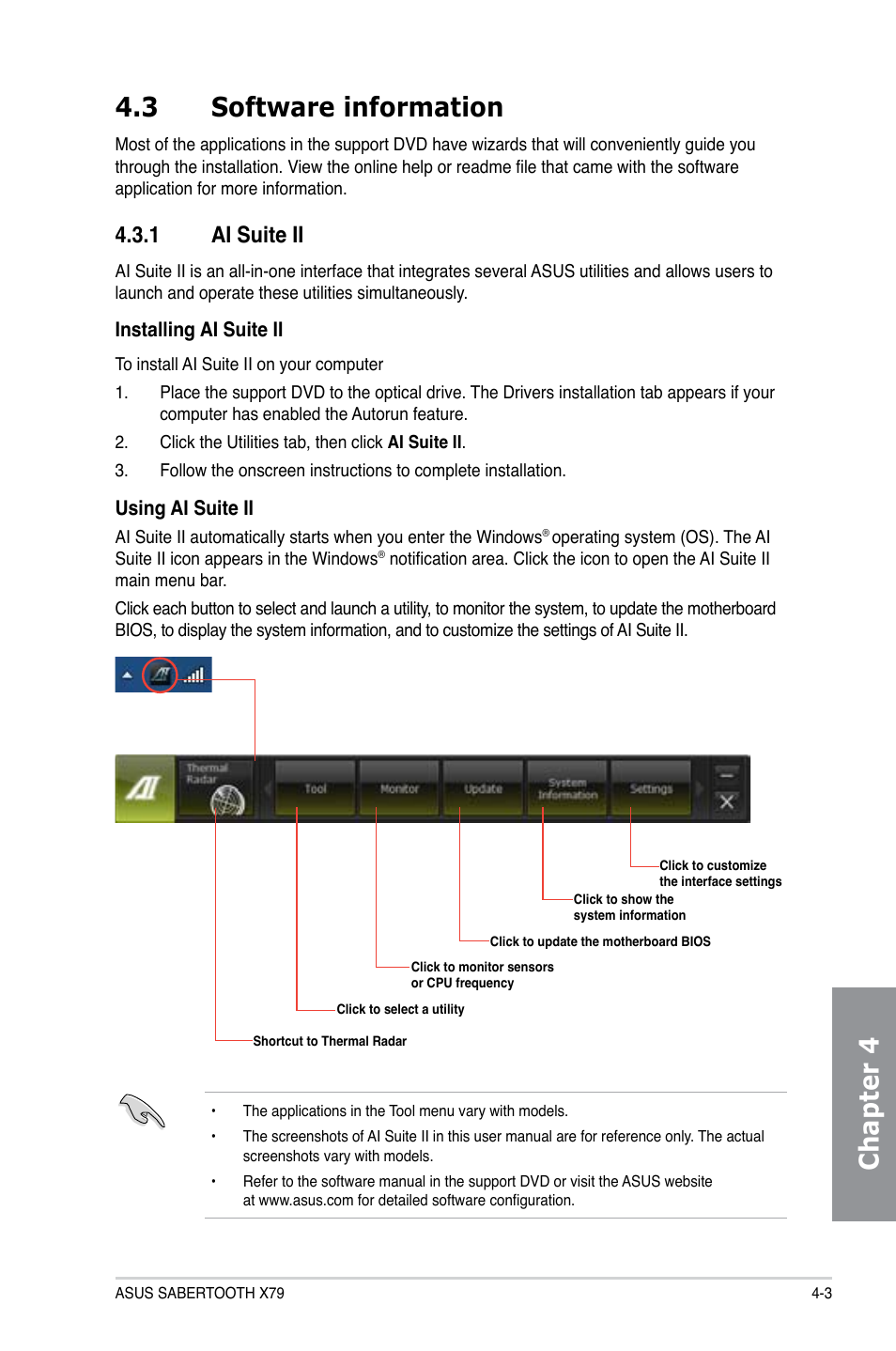 3 software information, 1 ai suite ii, Software information -3 4.3.1 | Ai suite ii -3, Chapter 4 4.3 software information | Asus SABERTOOTH X79 User Manual | Page 109 / 148