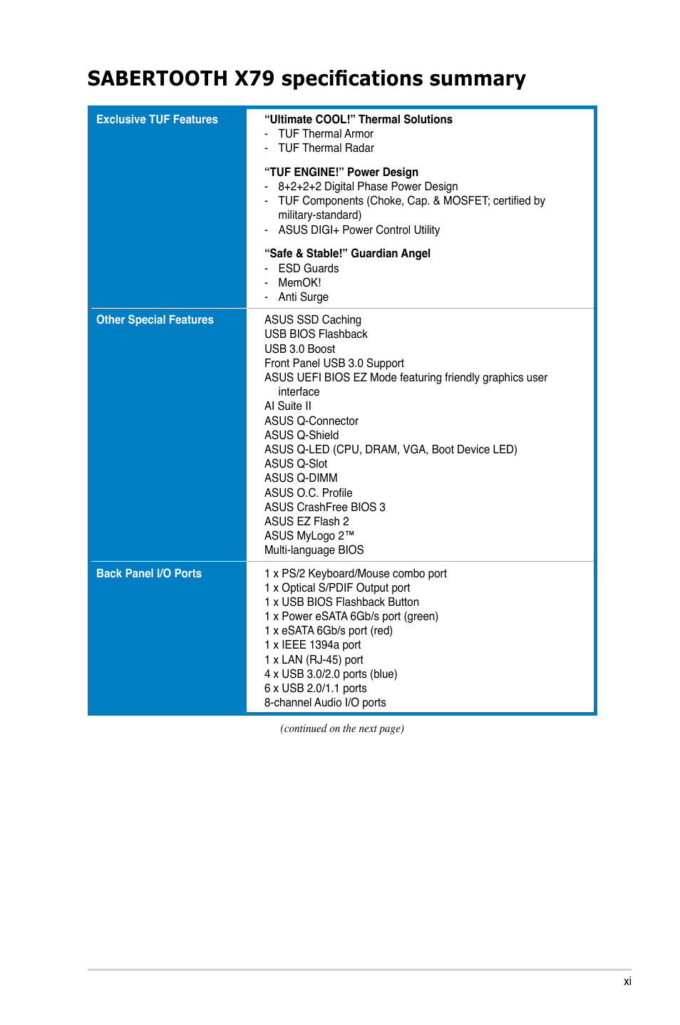 Sabertooth x79 specifications summary | Asus SABERTOOTH X79 User Manual | Page 11 / 148