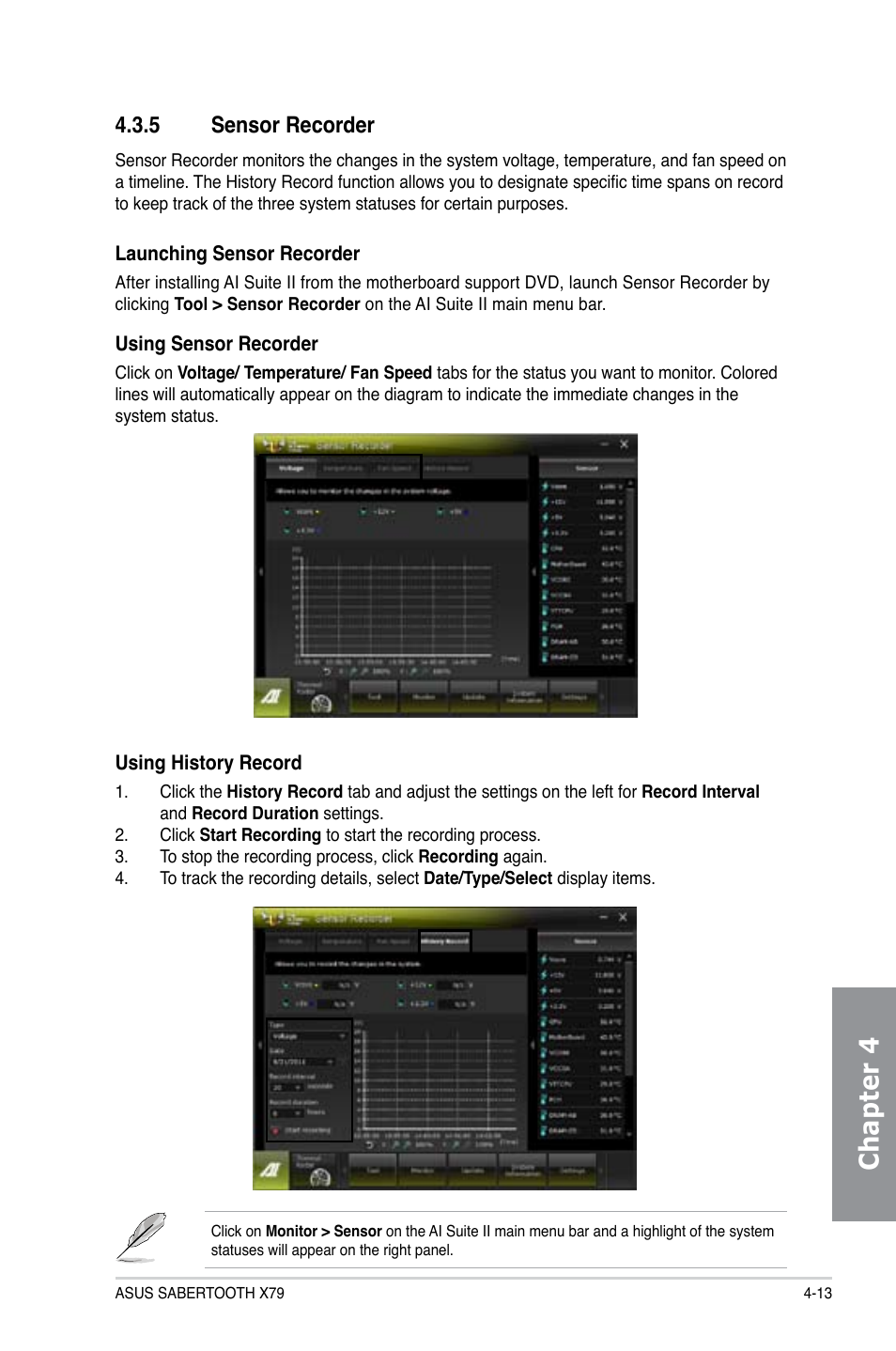 5 sensor recorder, Sensor recorder -13, Chapter 4 | Asus SABERTOOTH X79 User Manual | Page 119 / 148