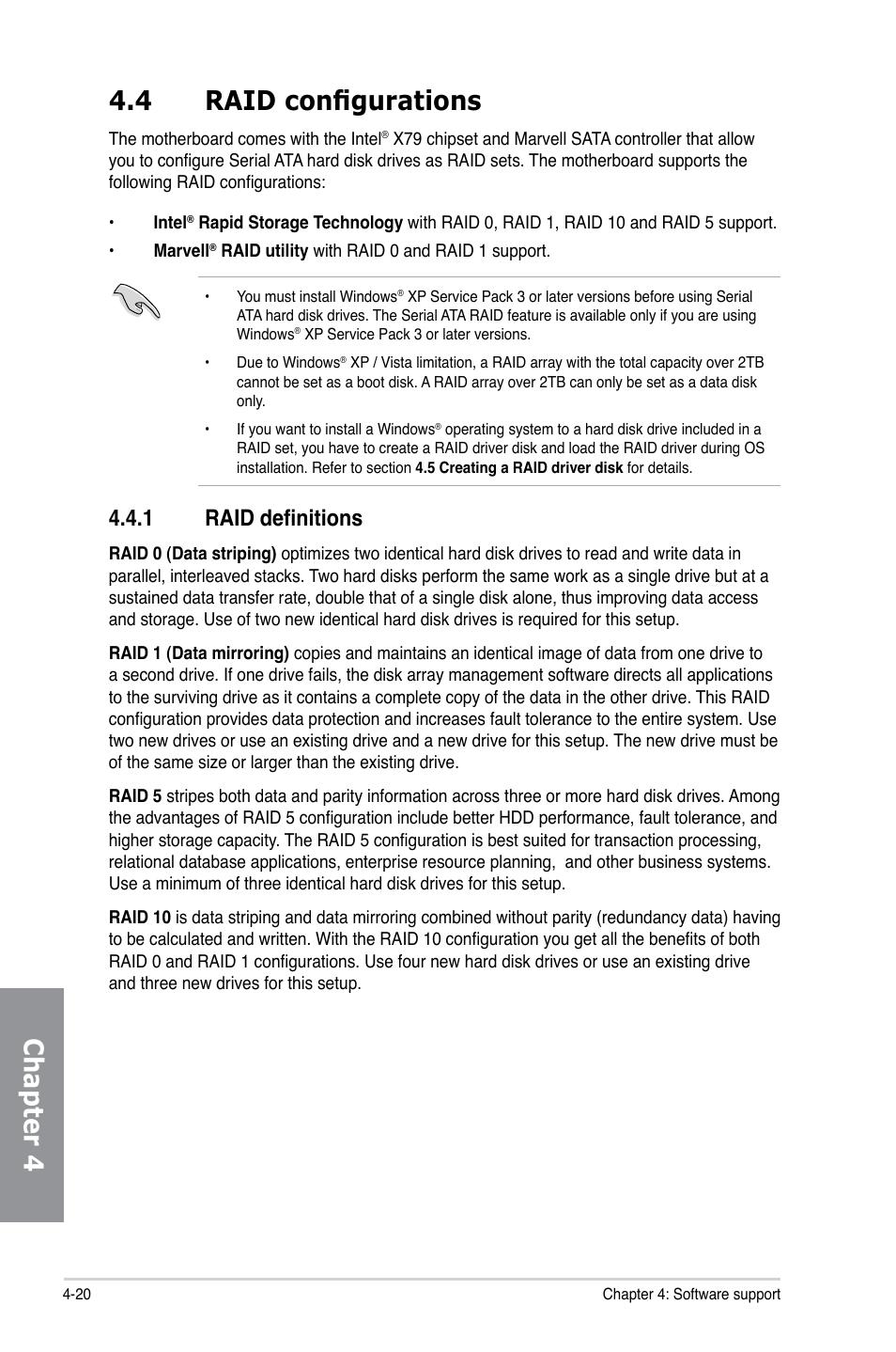 4 raid configurations, 1 raid definitions, Raid configurations -20 4.4.1 | Raid definitions -20, Chapter 4 4.4 raid configurations | Asus SABERTOOTH X79 User Manual | Page 126 / 148