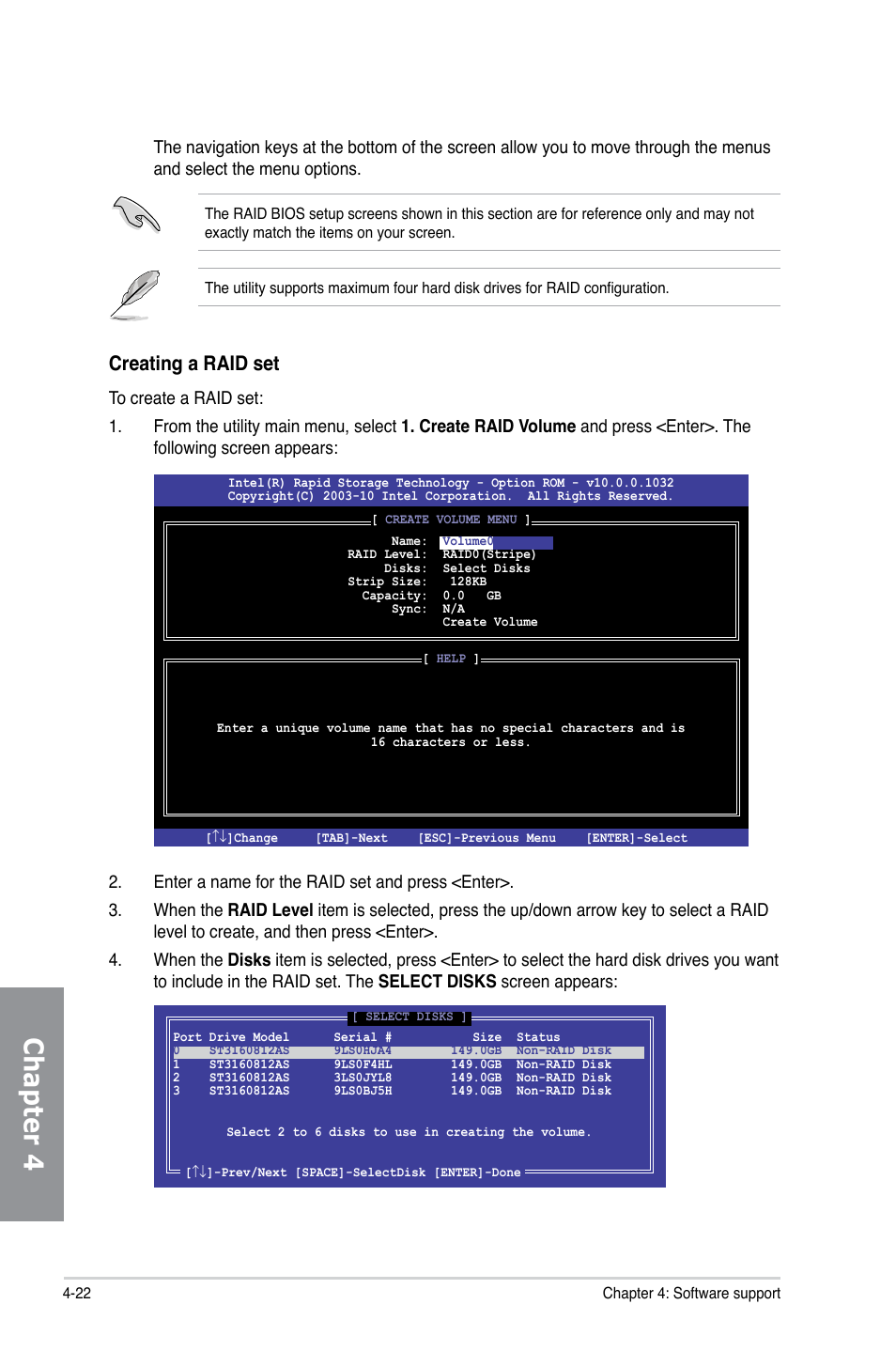Chapter 4, Creating a raid set | Asus SABERTOOTH X79 User Manual | Page 128 / 148