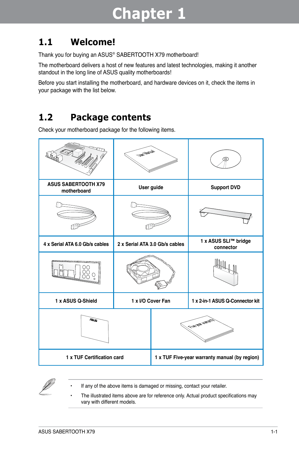 Chapter 1: product introduction, 1 welcome, 2 package contents | Chapter 1, Product introduction, Welcome! -1, Package contents -1, Chapter 1 1.1 welcome | Asus SABERTOOTH X79 User Manual | Page 13 / 148