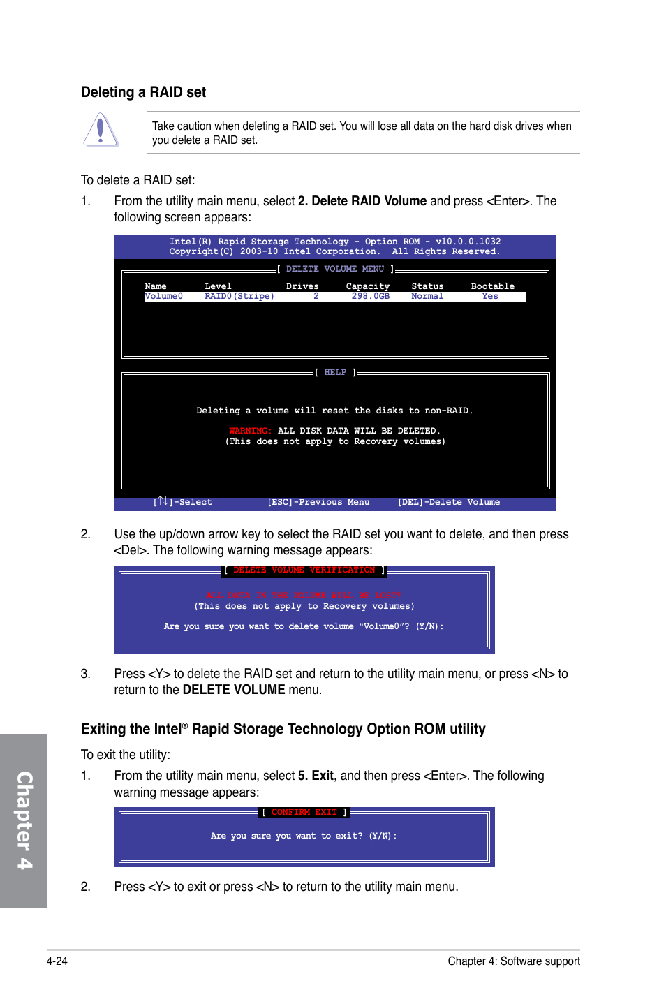 Chapter 4, Deleting a raid set, Exiting the intel | Rapid storage technology option rom utility | Asus SABERTOOTH X79 User Manual | Page 130 / 148