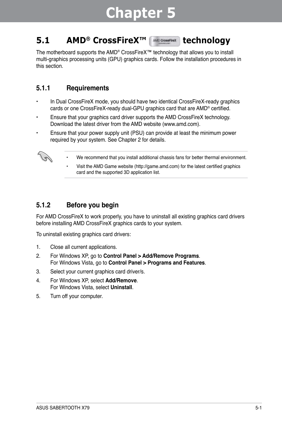 Chapter 5: multiple gpu technology support, 1 amd® crossfirex™ ￼ technology, 1 requirements | 2 before you begin, Chapter 5, Multiple gpu technology support, Crossfirex, Technology -1, Requirements -1, Before you begin -1 | Asus SABERTOOTH X79 User Manual | Page 139 / 148