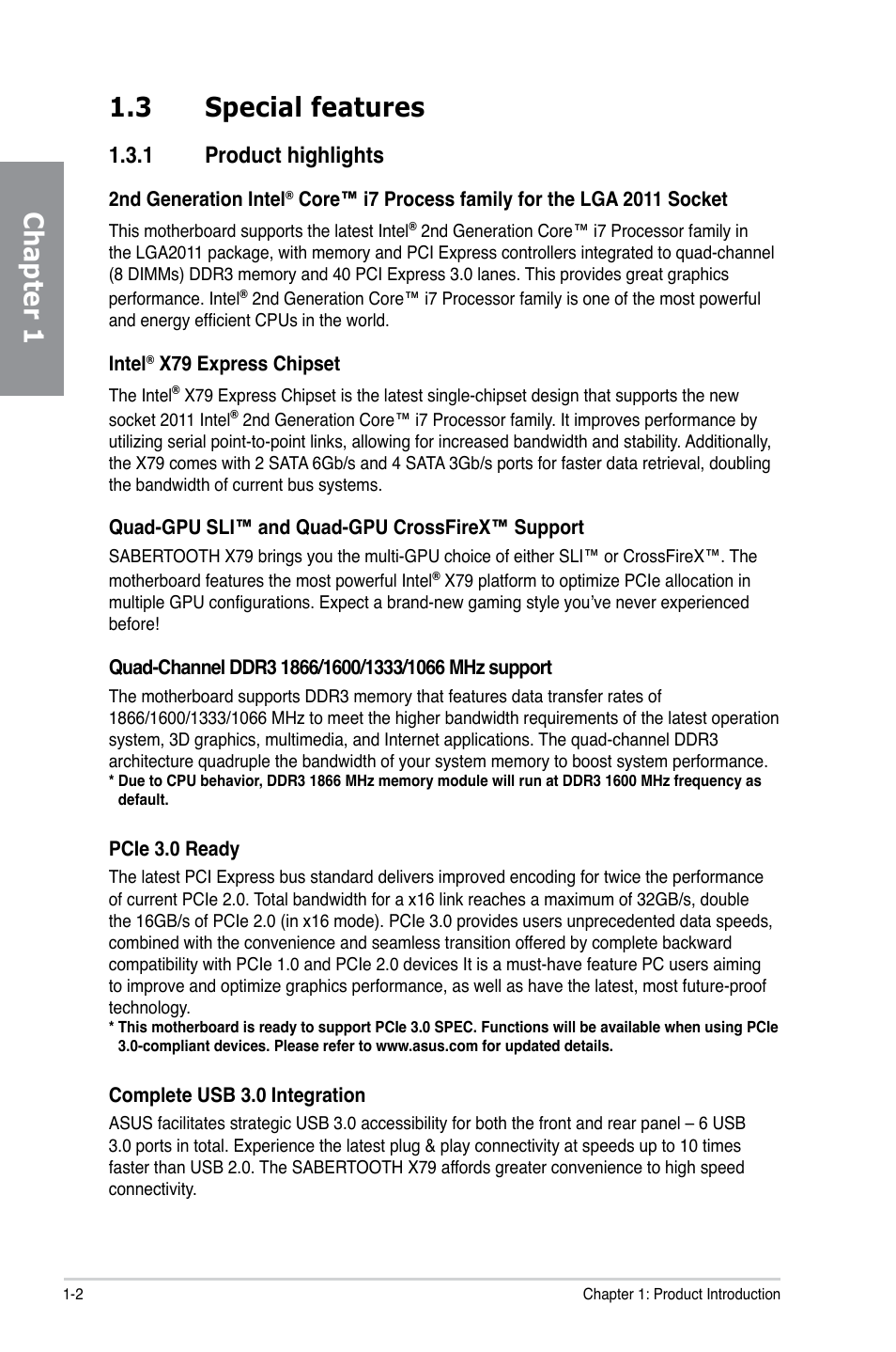 3 special features, 1 product highlights, Special features -2 1.3.1 | Product highlights -2, Chapter 1 1.3 special features | Asus SABERTOOTH X79 User Manual | Page 14 / 148