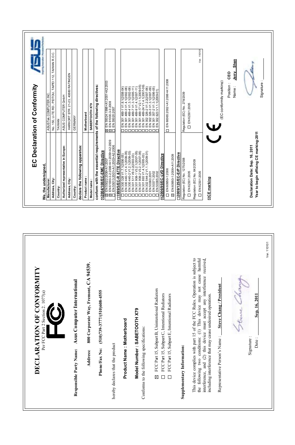 Declaration of conformity, Ec declaration of conformity, Asu s c om pu te r in te rn at io na l | Asus SABERTOOTH X79 User Manual | Page 148 / 148