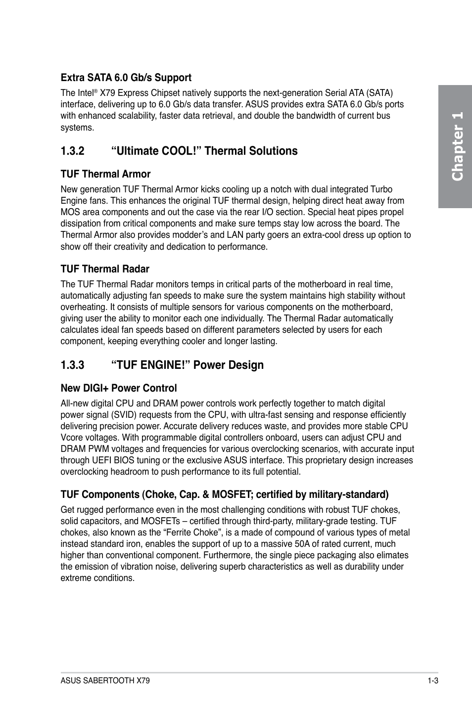 2 “ultimate cool!” thermal solutions, 3 “tuf engine!” power design, Ultimate cool!” thermal solutions -3 | Tuf engine!” power design -3, Chapter 1 | Asus SABERTOOTH X79 User Manual | Page 15 / 148