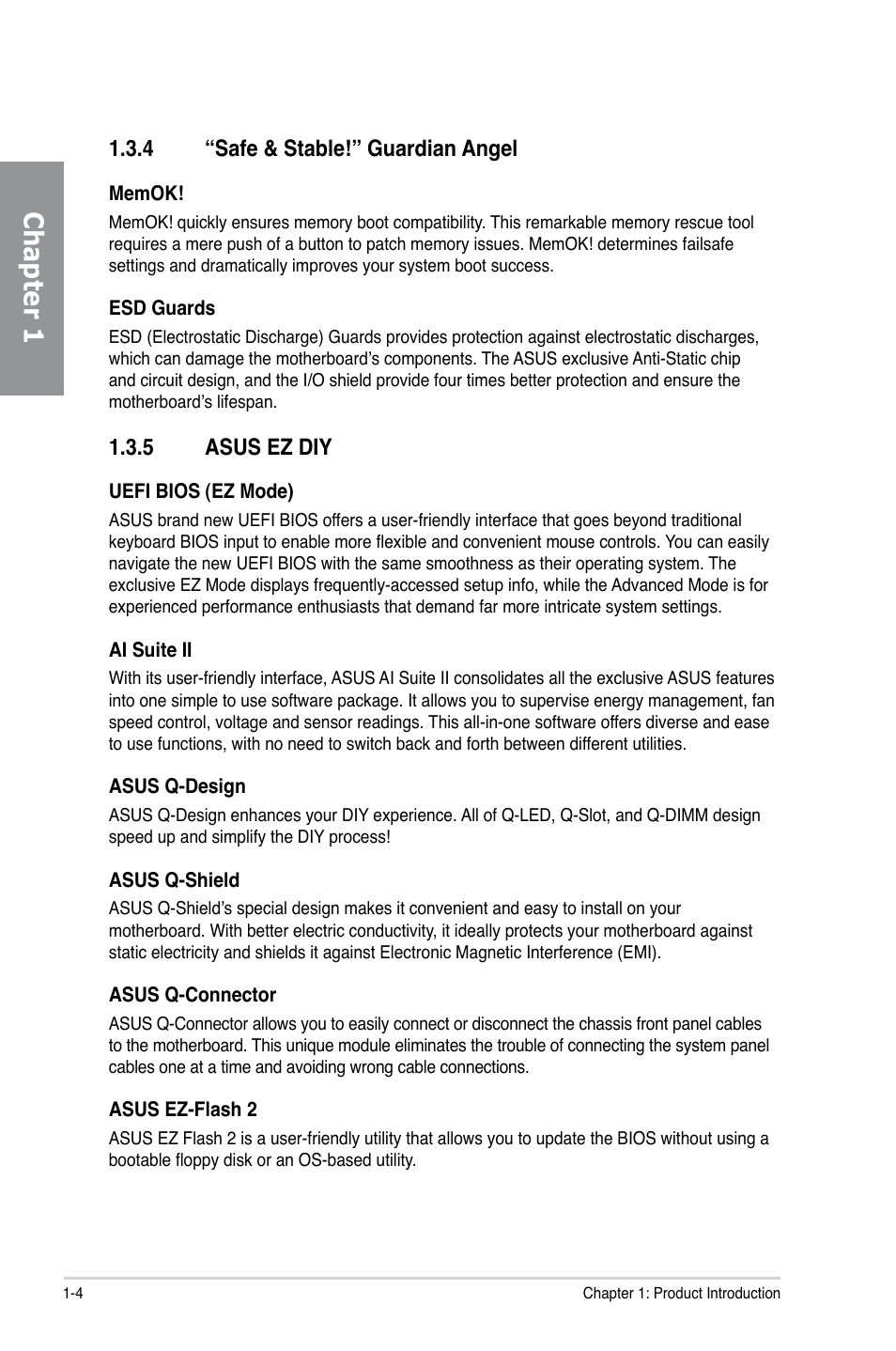 4 “safe & stable!” guardian angel, 5 asus ez diy, Safe & stable!” guardian angel -4 | Asus ez diy -4, Chapter 1 | Asus SABERTOOTH X79 User Manual | Page 16 / 148